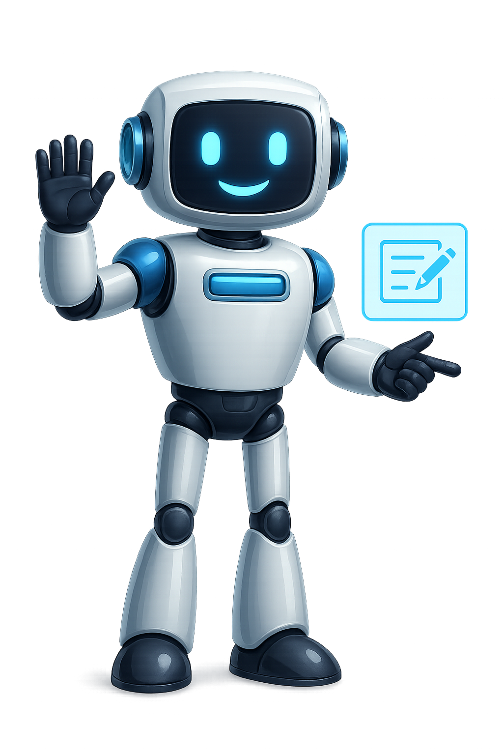 Robot asistente saluda junto a formulario para impulsar tu negocio con IA