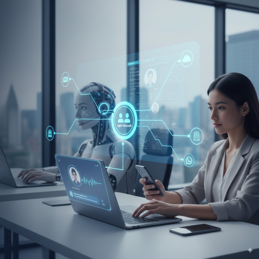 Ejecutiva interactúa con agente virtual conectado a CRM y canales web y WhatsApp